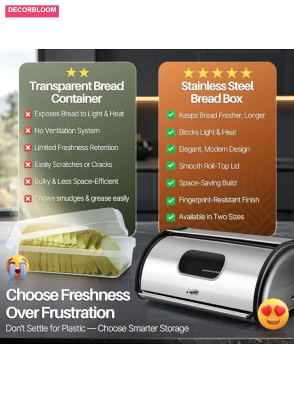 Stainless Steel Airtight Bread Box with Roll Up Lid and Window - 13 Inch